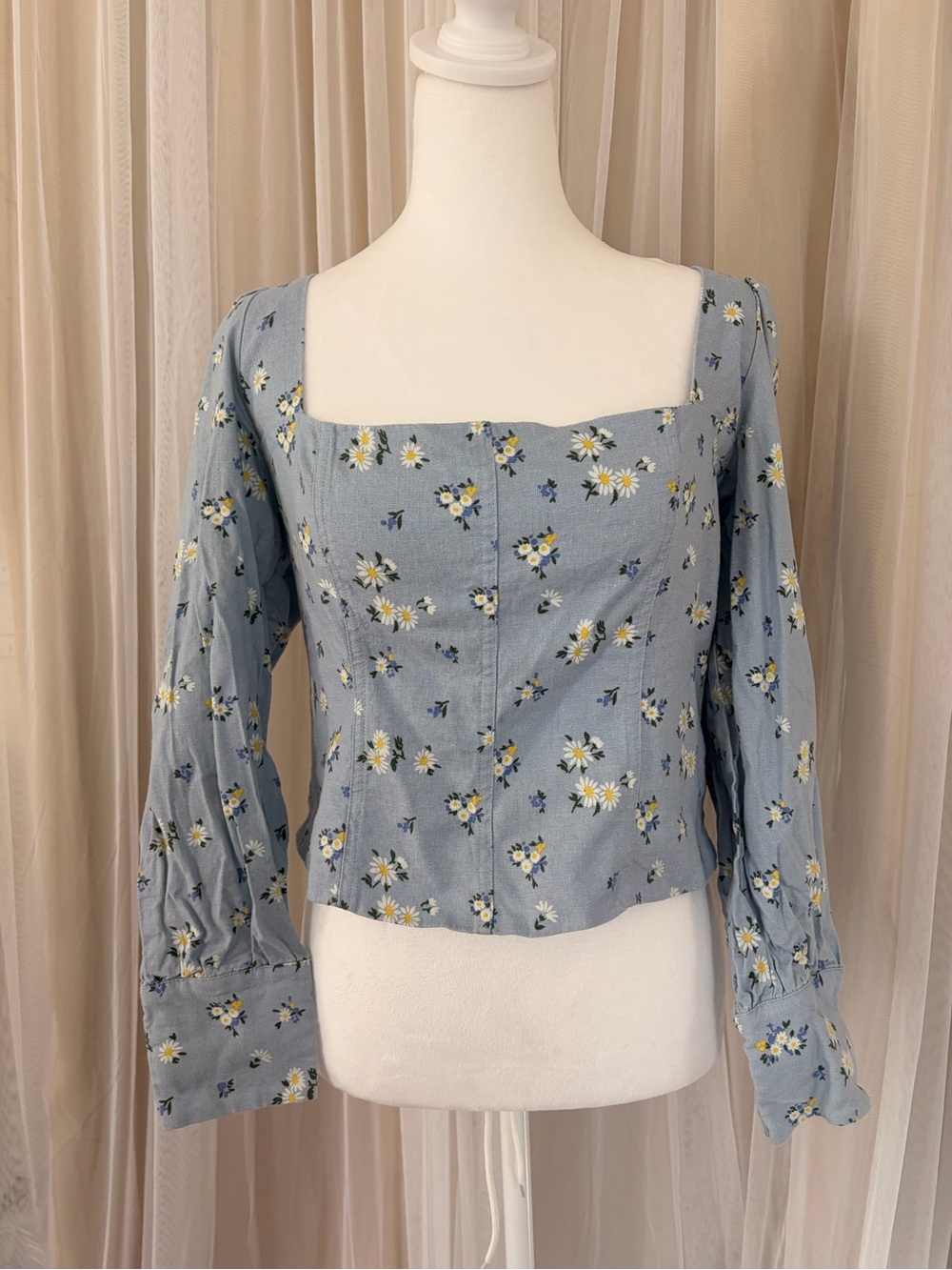 Rachel Zoe Light Blue Daisy-Print Square Neck Blouse